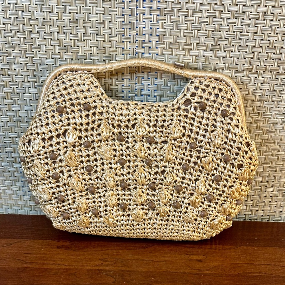 🌟2xHP🌟VTG 1960s-70s Tan Raffia Straw & Beaded Top Handle Clutch Handbag Japan